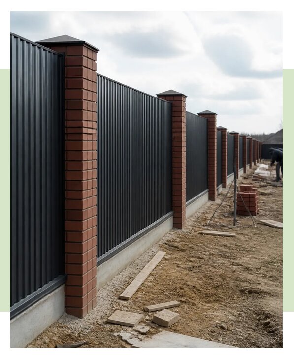 Забор из профнастила с кирпичными столбами в Глазове